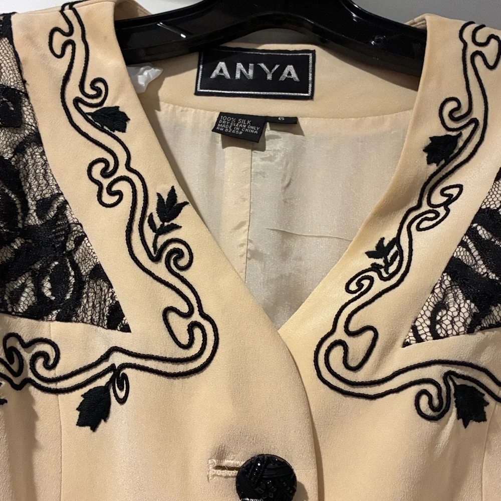 Designer Beige silk & Black Lace throughout Women's Jacket w/bejeweled buttons - Picture 3 of 4